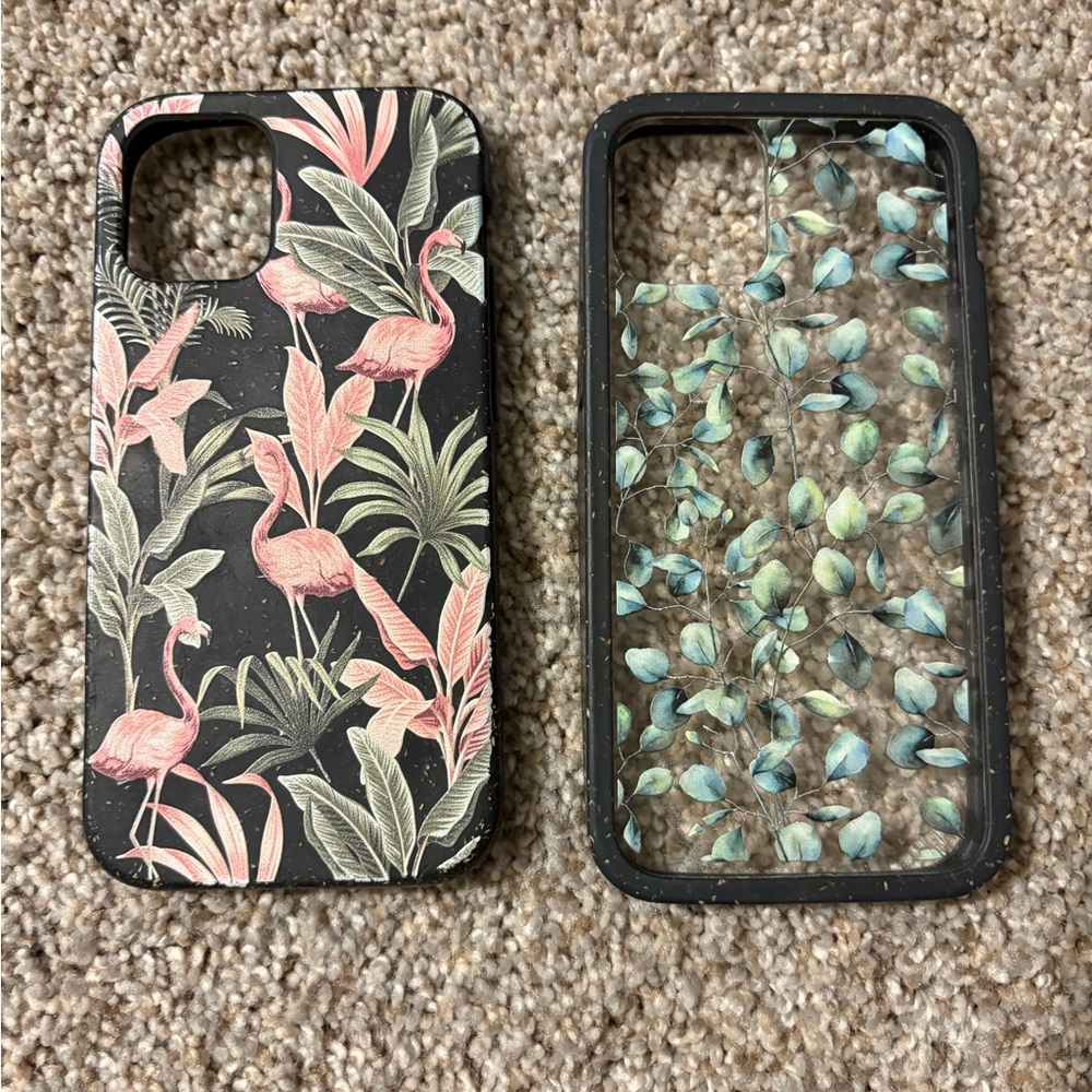 Pela brand iPhone 12 mini cases, lot of two: Flamingo Party and Clear Eucalyptus